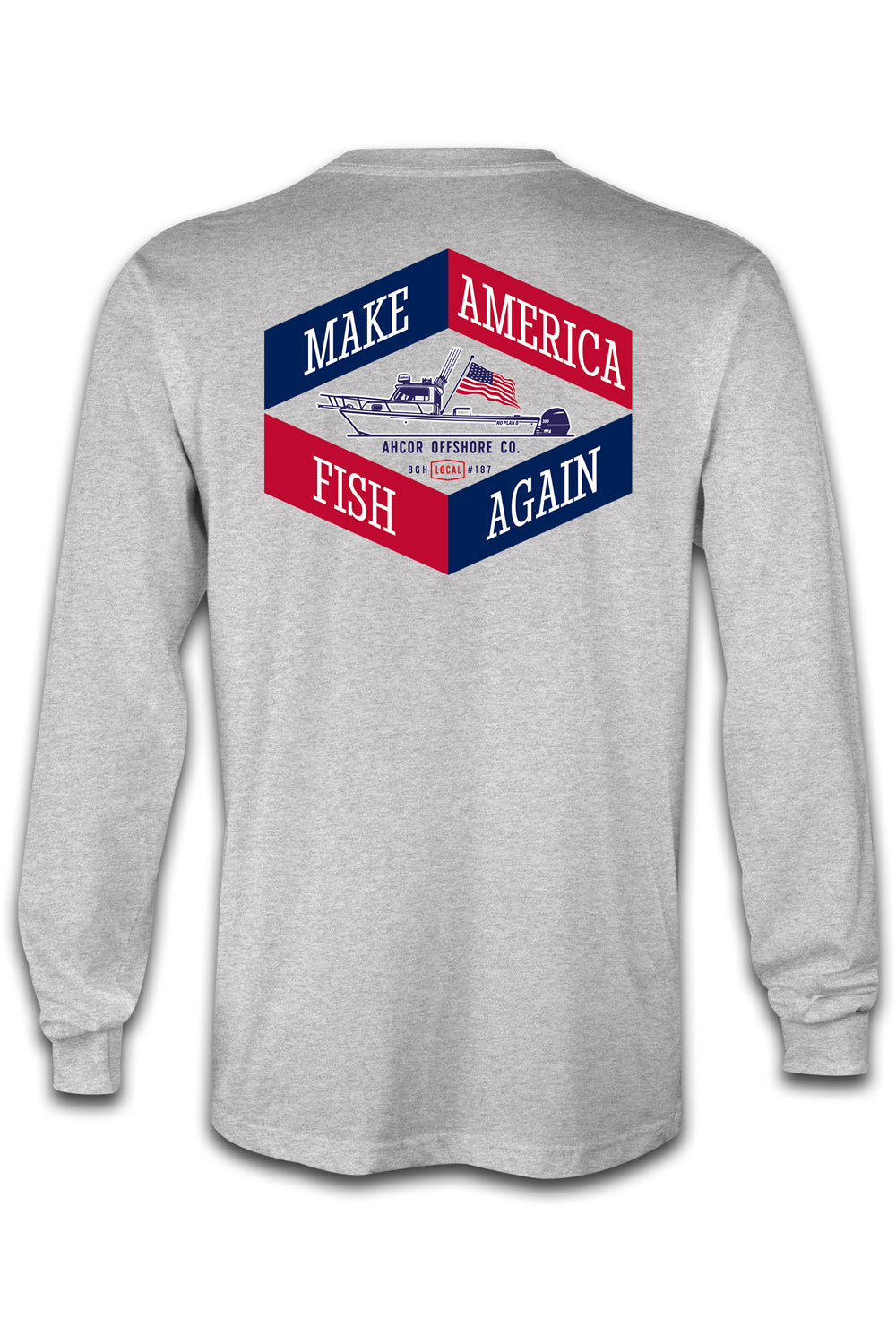 Men’s heather gray long sleeve performance fishing shirt with 50+ UPF and patriotic print