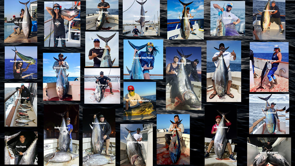 Twenty anglers wearing Ahcor Offshore performance fishing apparel posing with bluefin tuna after an offshore trip