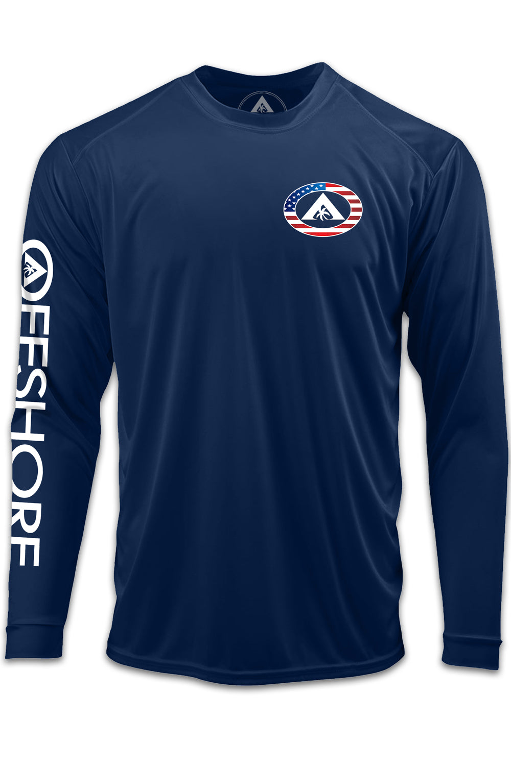 Men’s Navy long sleeve performance fishing shirt with 50+ UPF and patriotic print