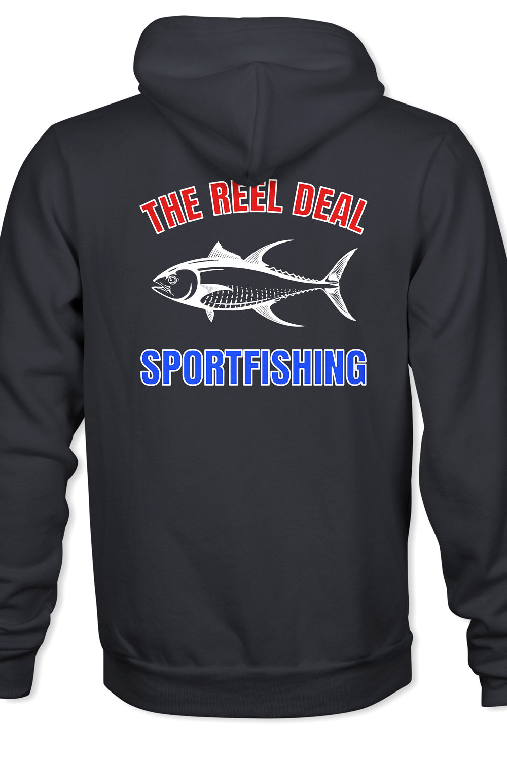 Black hoodie with 'The Reel Deal Sportfishing' text and fish graphic on the back.