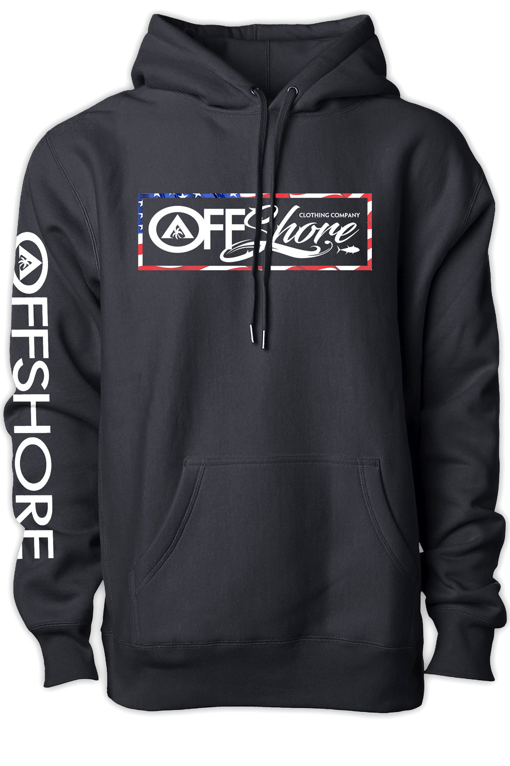 Black hoodie with 'Offshore' logo and text on a white background
