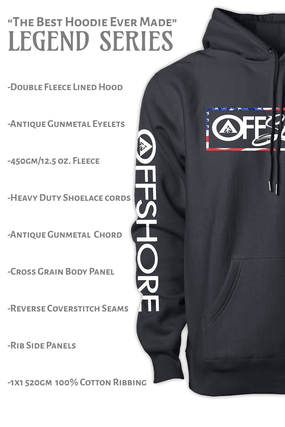 Black hoodie with 'OFFSHORE' branding on a white background