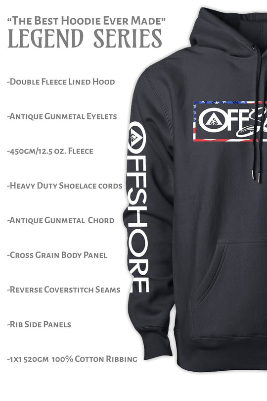 Black hoodie with 'OFFSHORE' branding on a white background