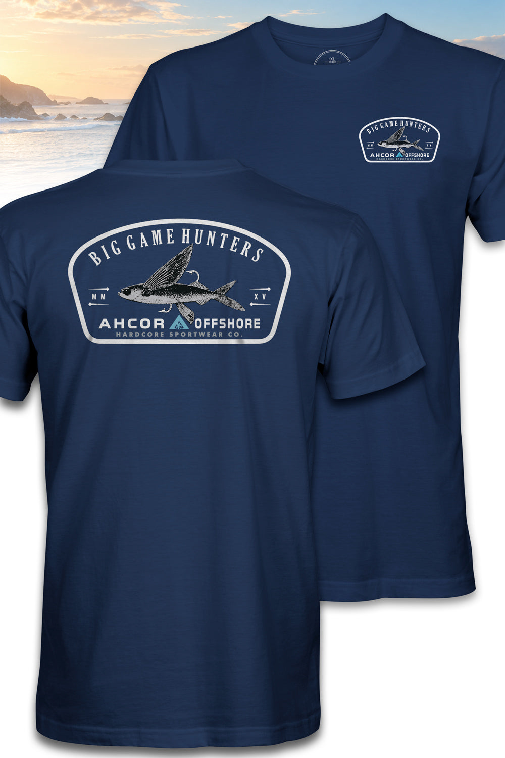 Navy Stayfly fishing T-shirt shown front and back with Big Game Hunters flying fish graphic