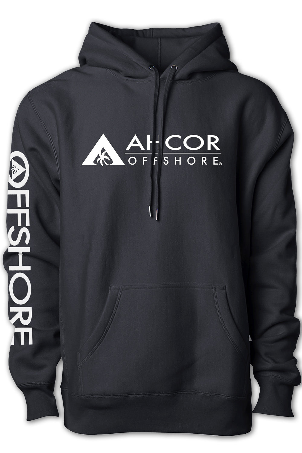 Black hoodie with Ahcor Offshore logo on a white background