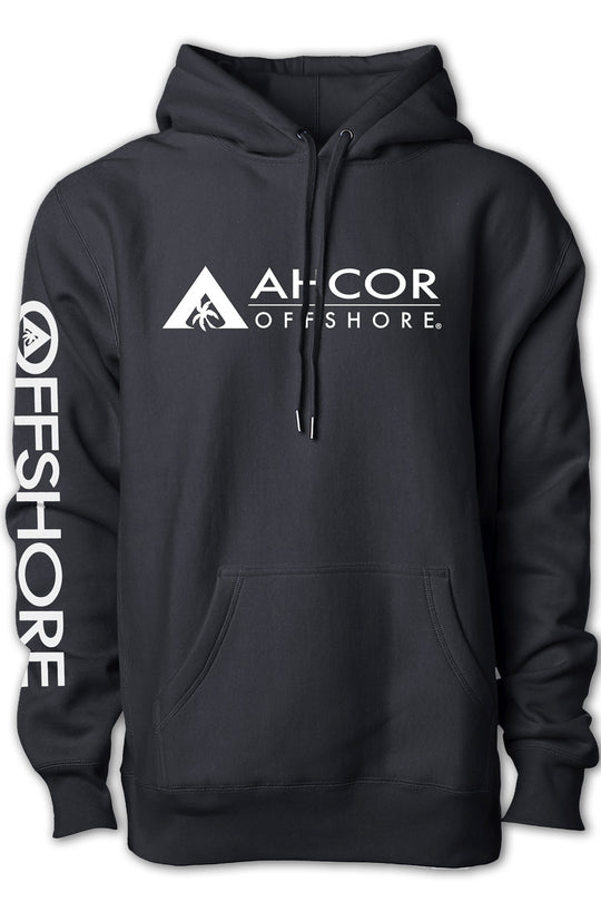 Black hoodie with Ahcor Offshore logo on a white background