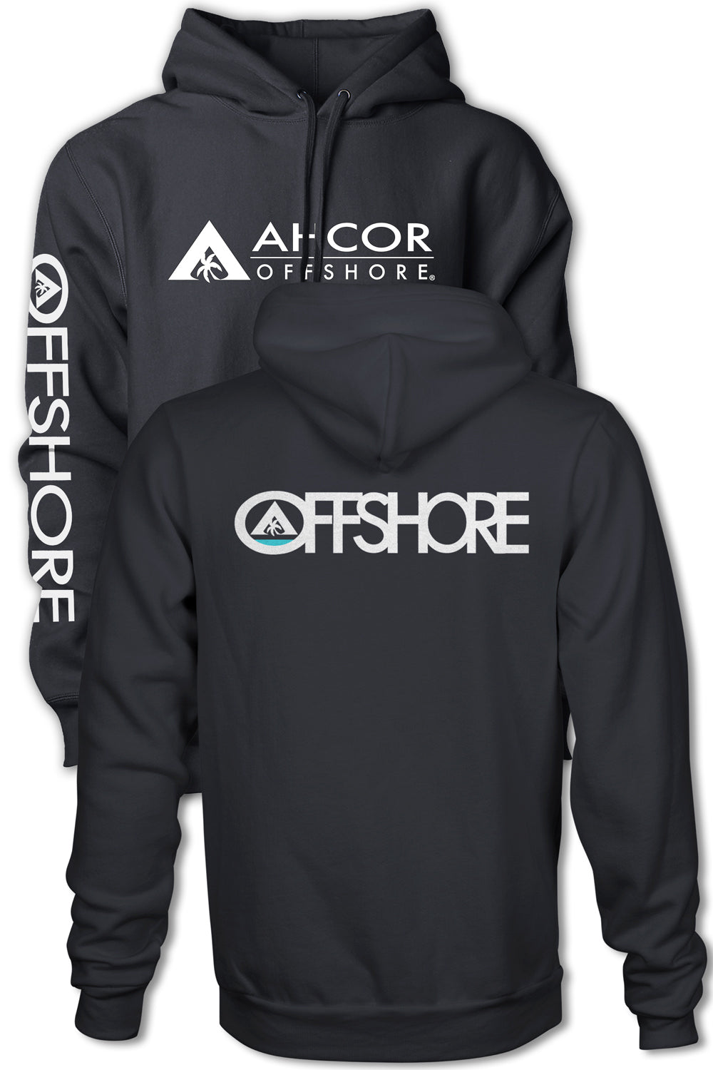 Black hoodie with 'Aker Offshore' logo on front and back, on a white background