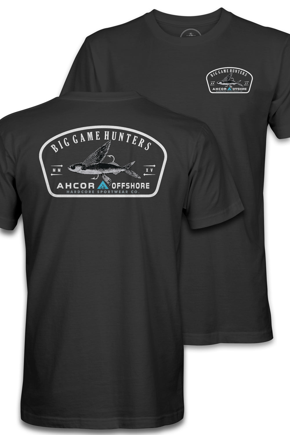 Black Stayfly fishing T-shirt shown front and back with Big Game Hunters flying fish graphic