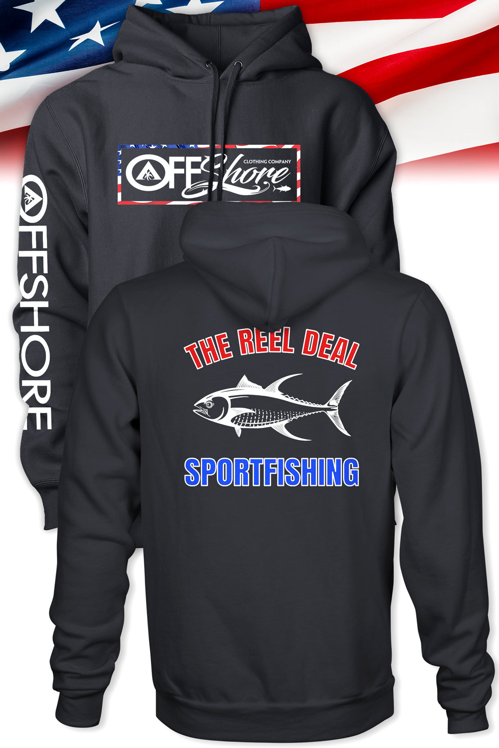 Black hoodie with 'The Reel Deal Sportfishing' design on a white background