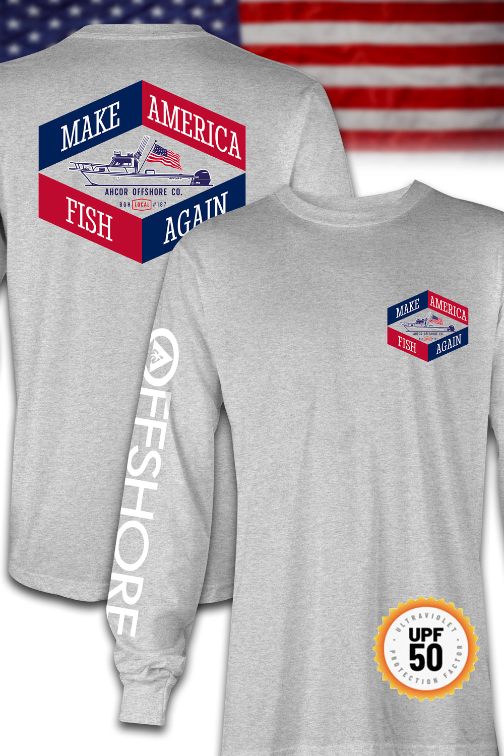 Men’s heather gray long sleeve performance fishing shirt with 50+ UPF and patriotic print