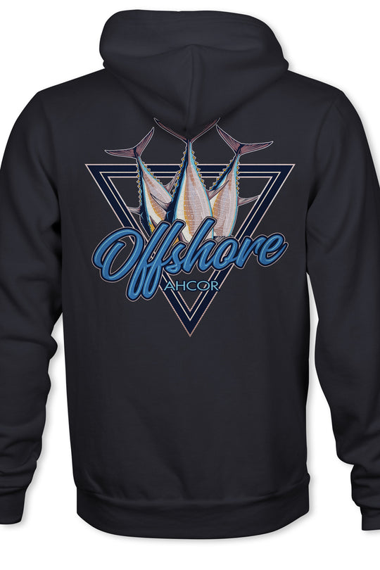 Black hoodie with 'Offshore' and fish design on the back, on a white background