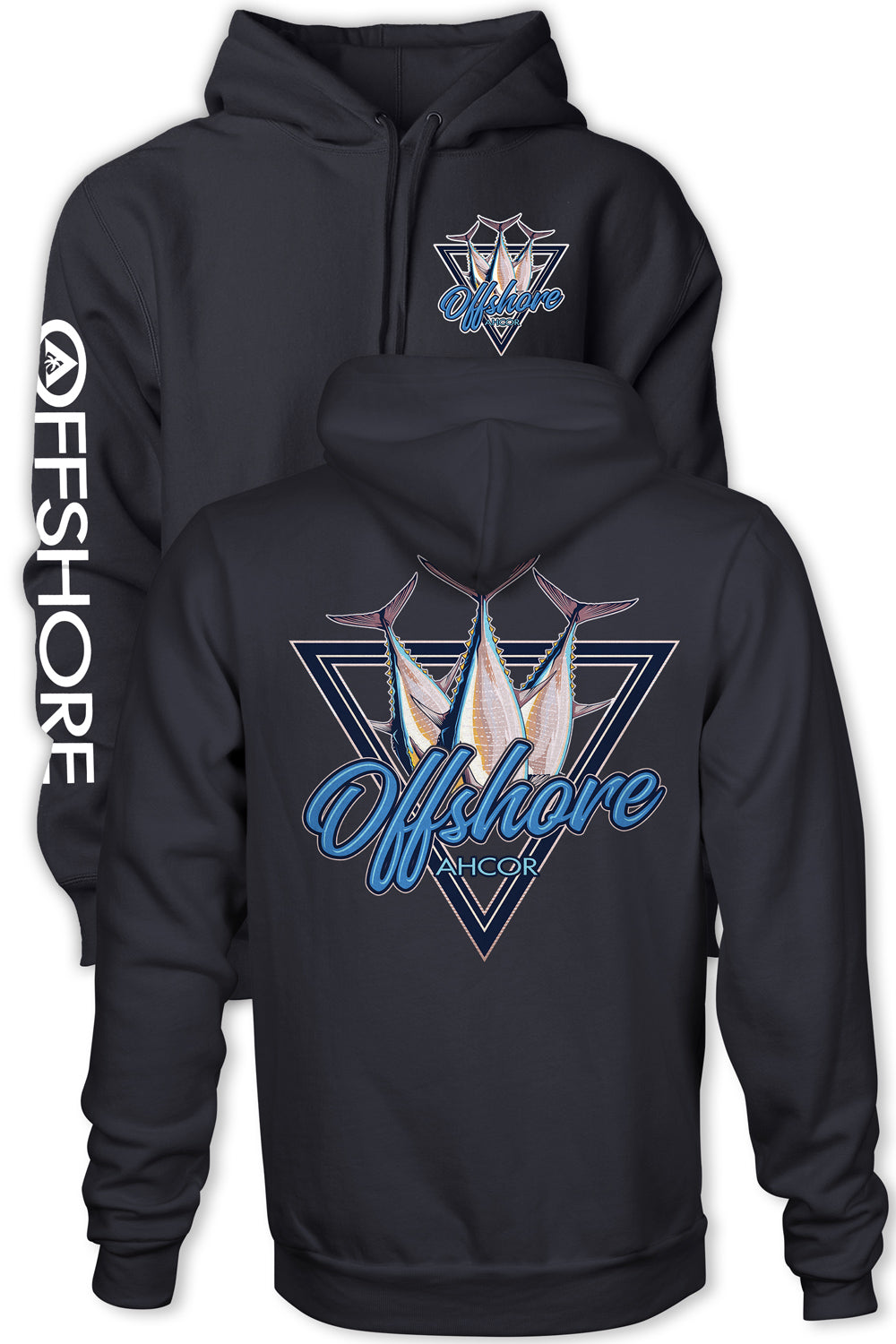 Black hoodie with 'Offshore' logo on front and back, displayed against a white background.