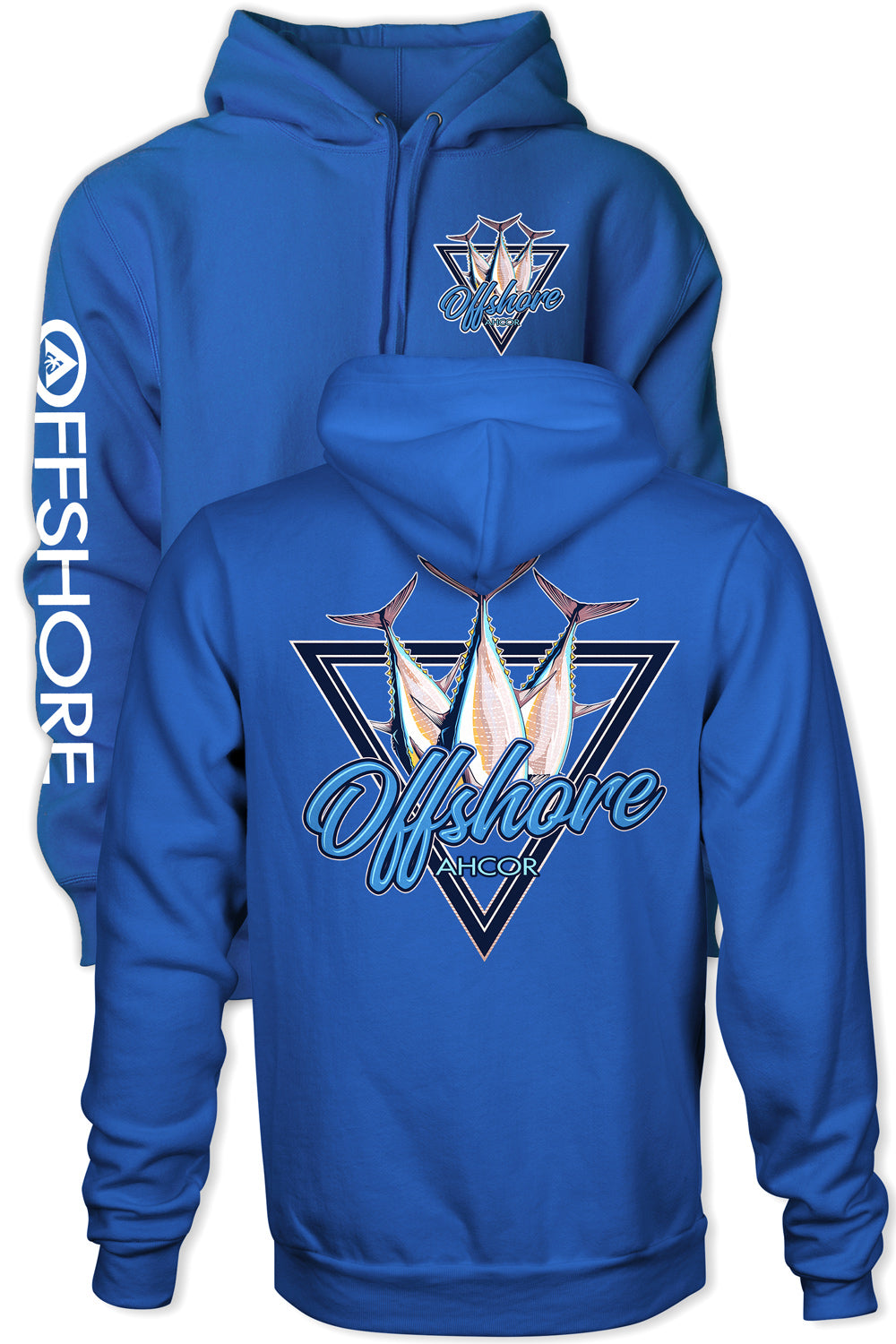 A blue hoodie with a graphic logo on the chest and the text 'OFFSHORE' on the sleeve.