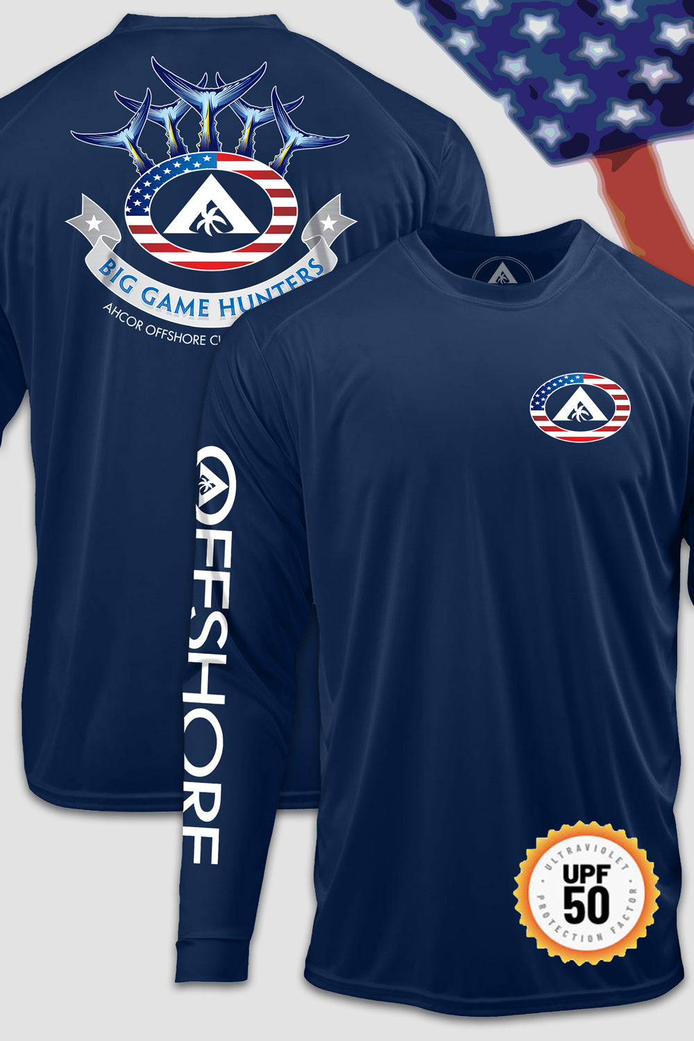 Men’s Navy long sleeve performance fishing shirt with 50+ UPF and patriotic print